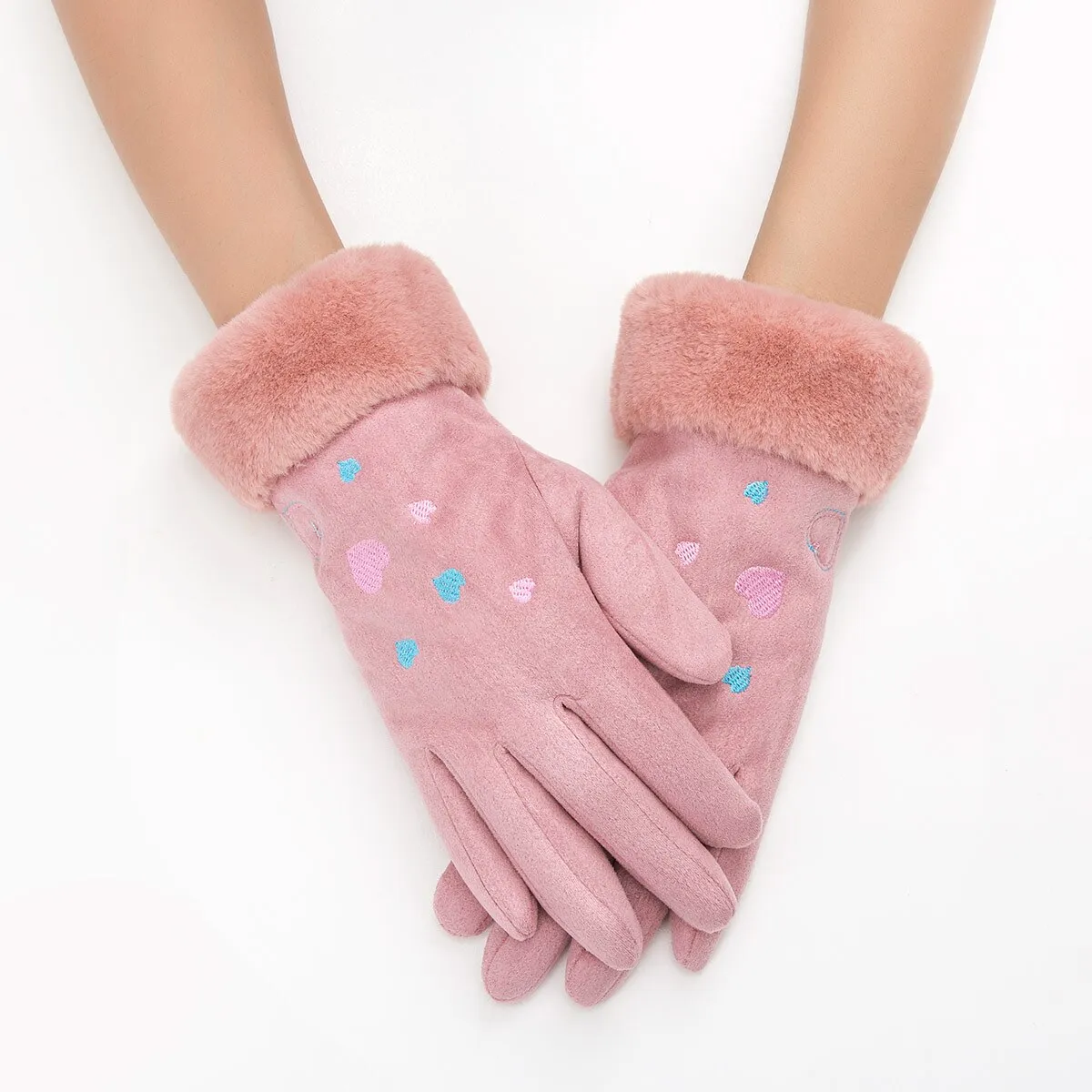 Suede Five Fingers Gloves Cute With Embroidered Heart