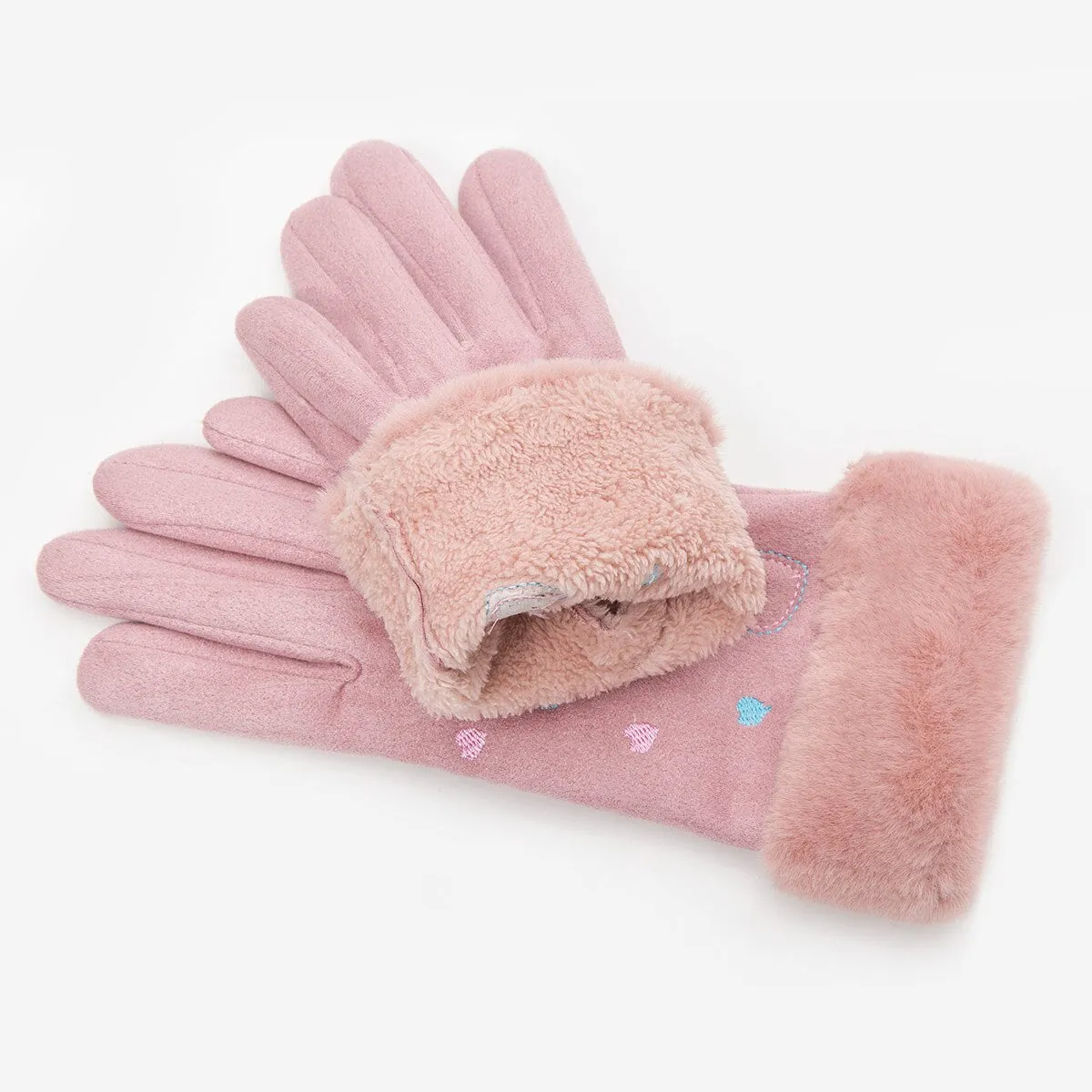 Suede Five Fingers Gloves Cute With Embroidered Heart