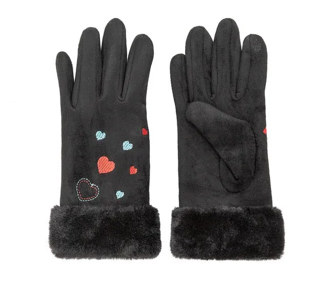 Suede Five Fingers Gloves Cute With Embroidered Heart