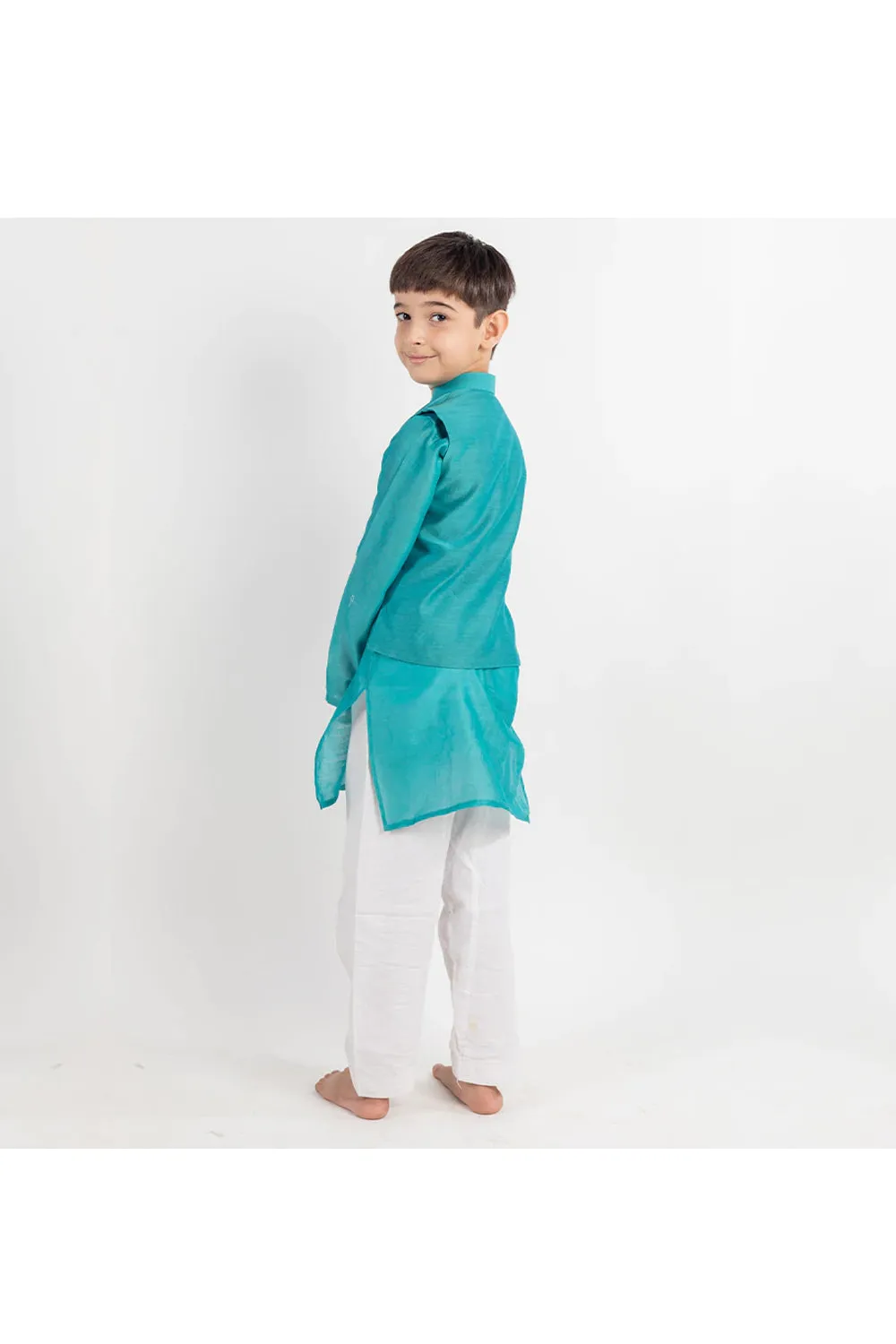 Teal Blue Kurta With Motif Embroidered Nehru Jacket And Pyjama