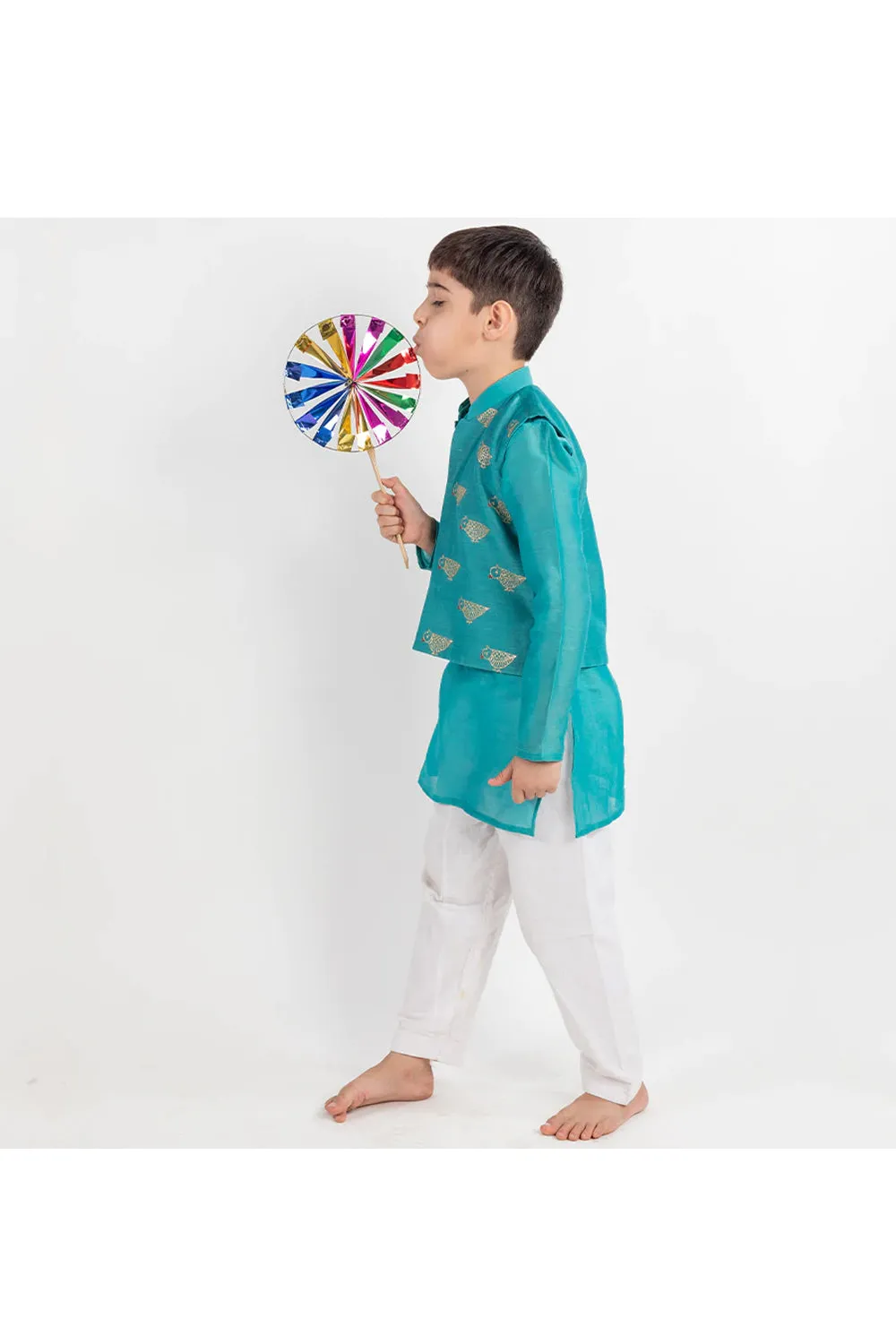 Teal Blue Kurta With Motif Embroidered Nehru Jacket And Pyjama