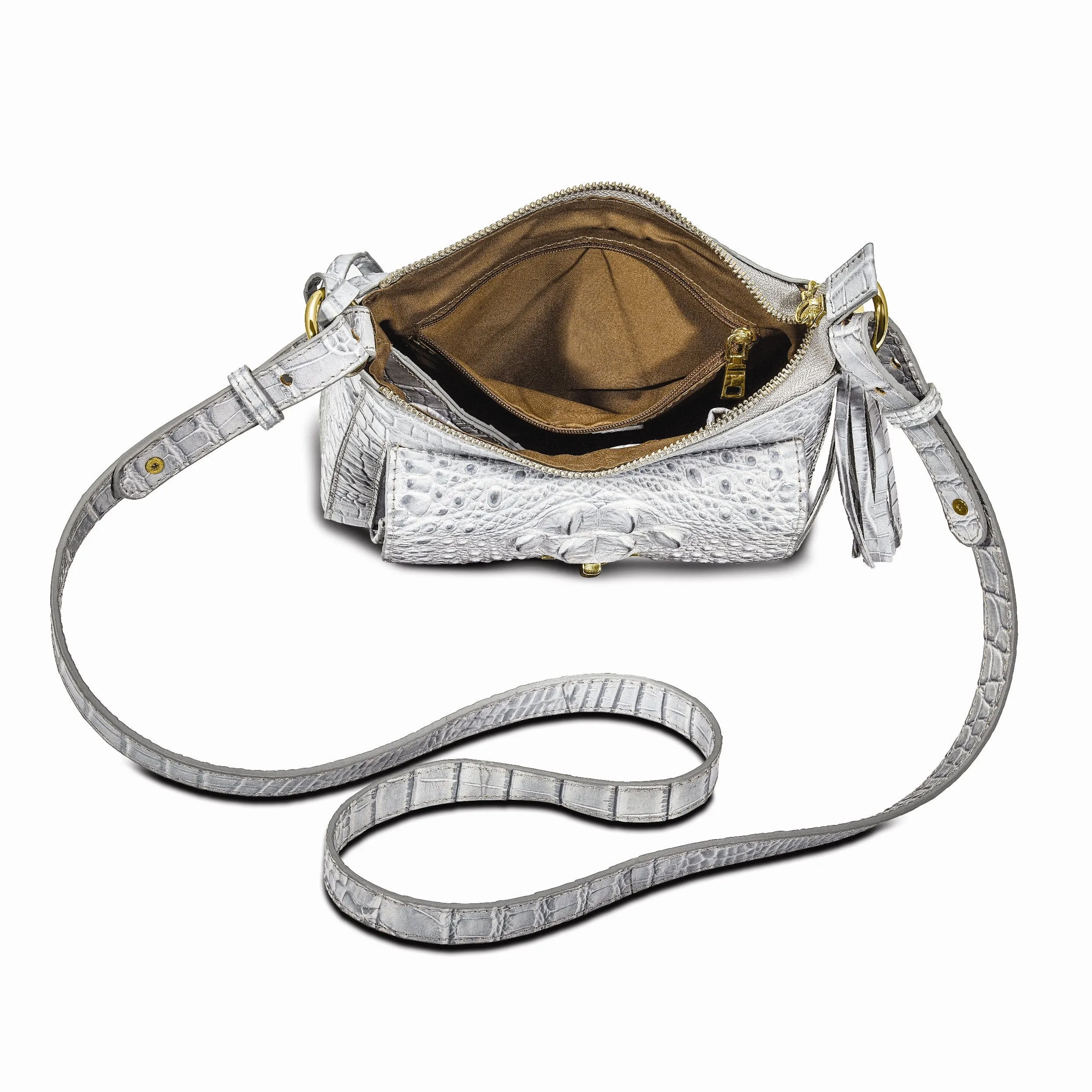 Top Grain Leather Croc Texture Silver Organizer Crossbody Bag