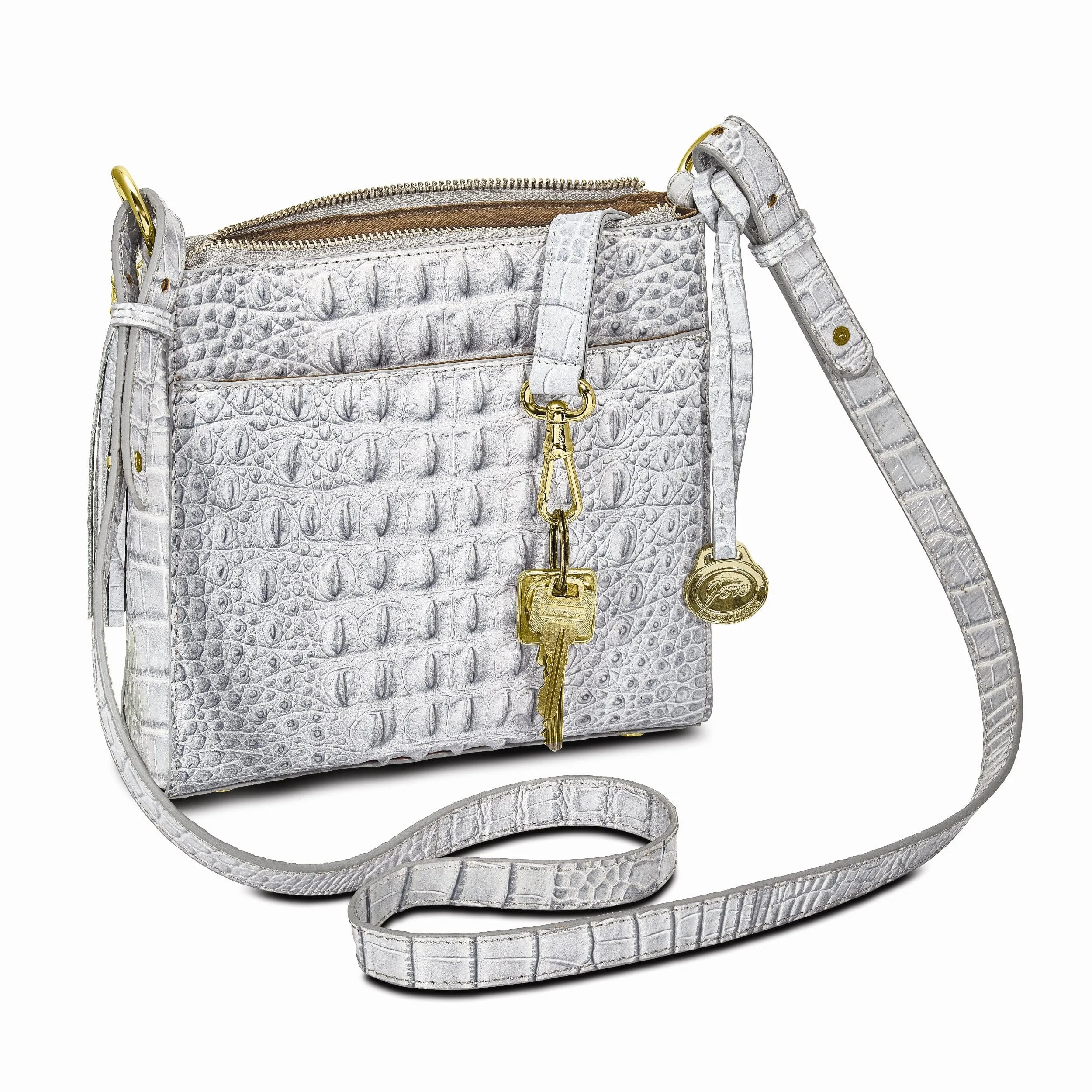 Top Grain Leather Croc Texture Silver Organizer Crossbody Bag