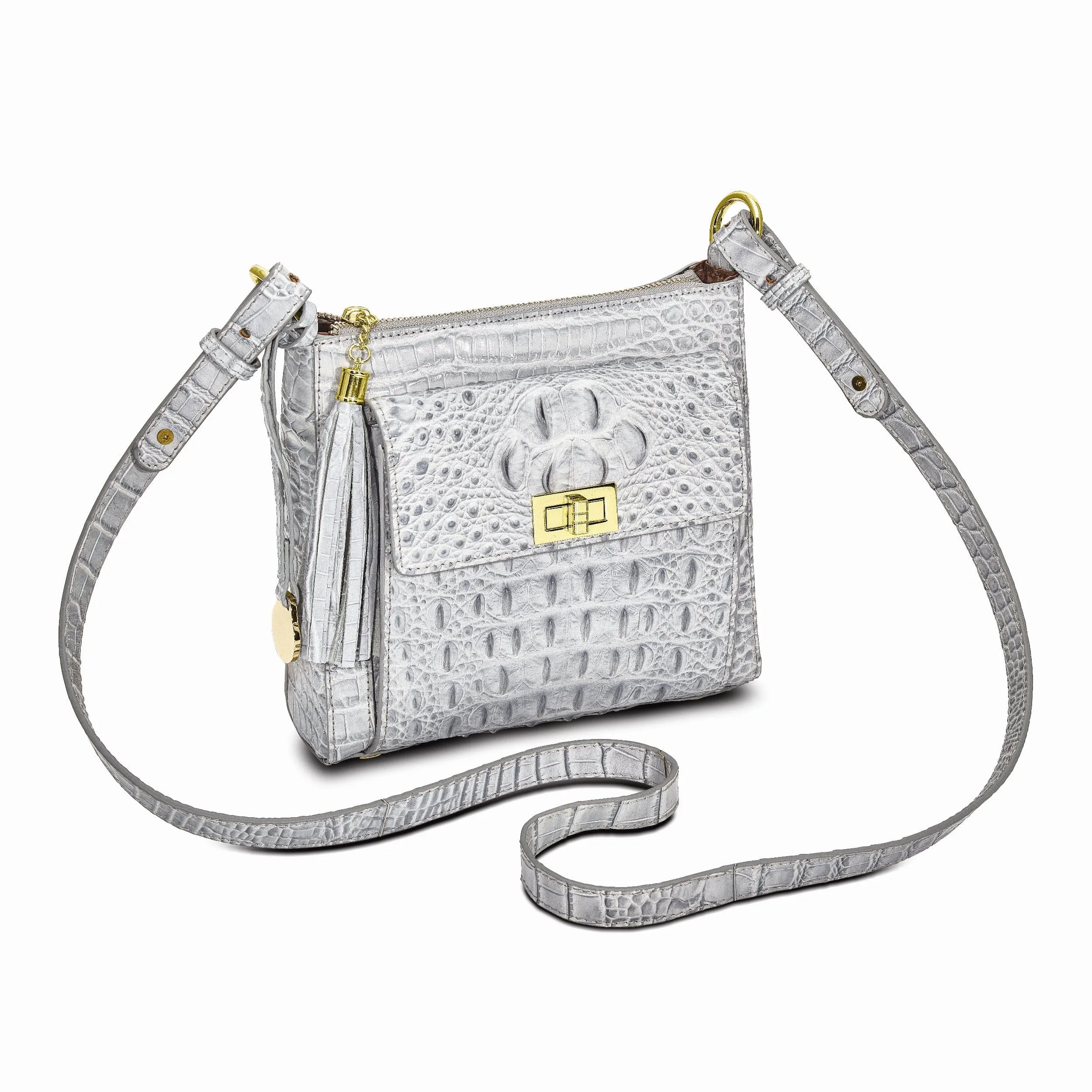 Top Grain Leather Croc Texture Silver Organizer Crossbody Bag