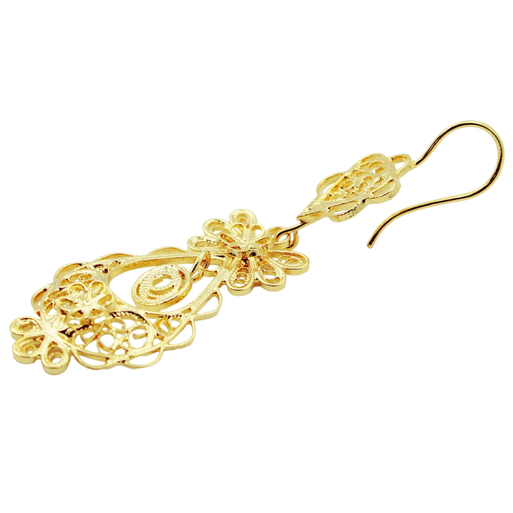 Traditional Portuguese Filigree Earrings, Gold-Color Rancho Style with Floral Design