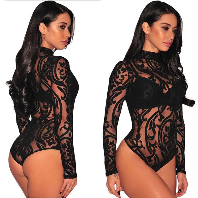 Trendy Striped and Printed Transparent Black Bodysuit