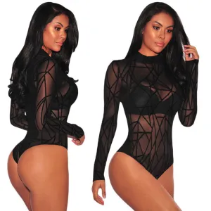 Trendy Striped and Printed Transparent Black Bodysuit