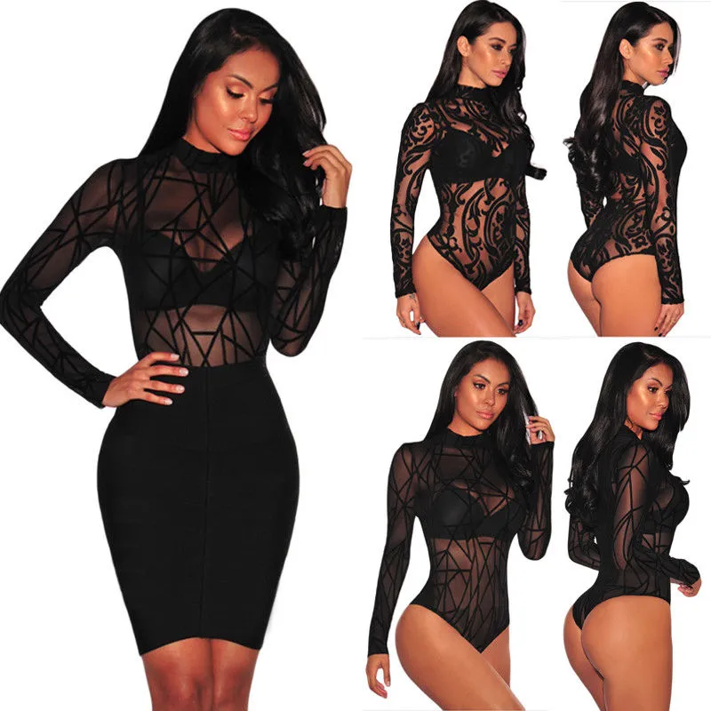 Trendy Striped and Printed Transparent Black Bodysuit