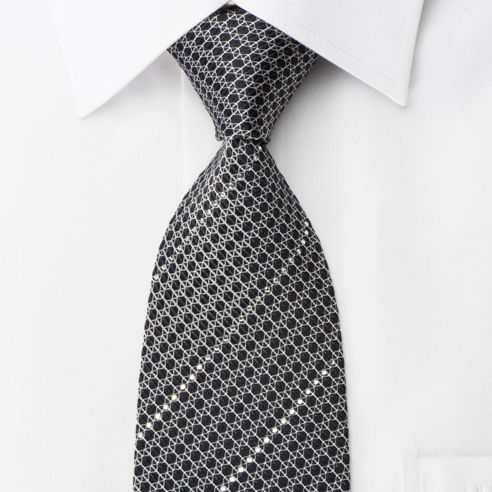 Vigevano Silk Necktie Silver Trellis & Striped Rhinestones On Black