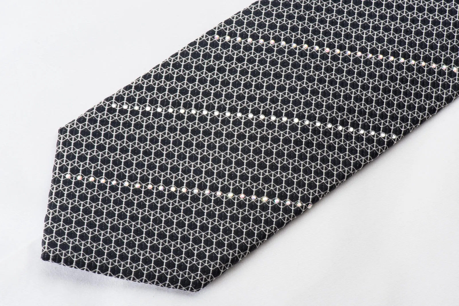 Vigevano Silk Necktie Silver Trellis & Striped Rhinestones On Black