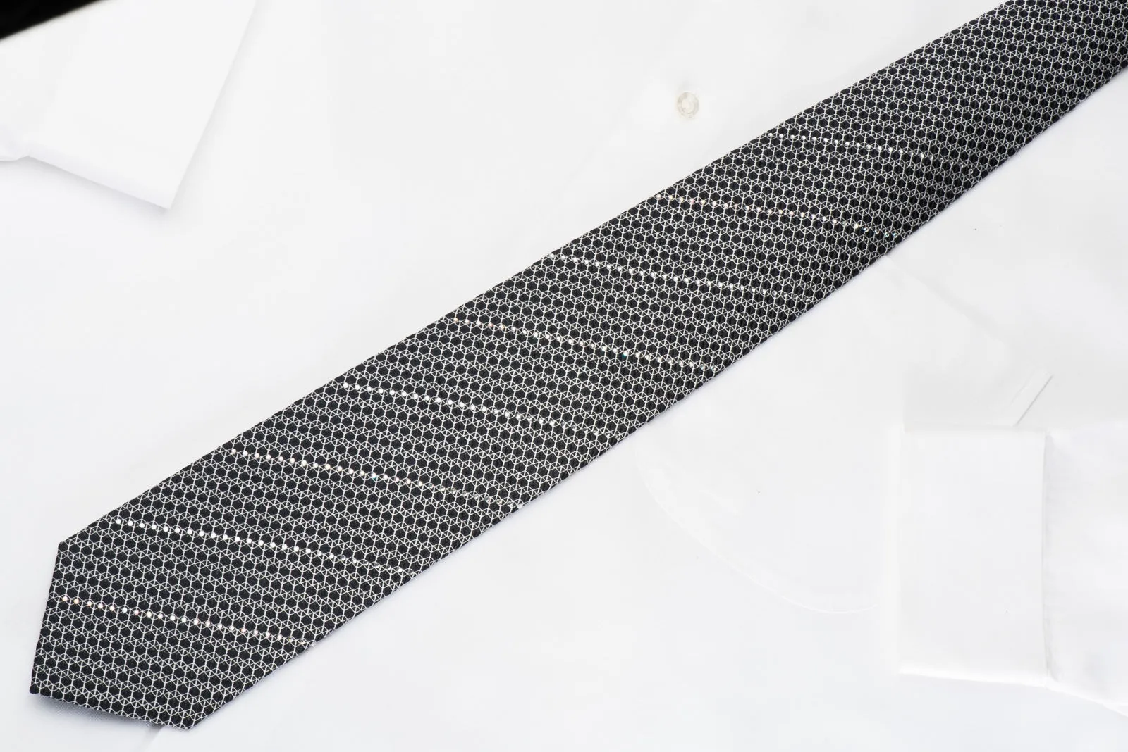 Vigevano Silk Necktie Silver Trellis & Striped Rhinestones On Black