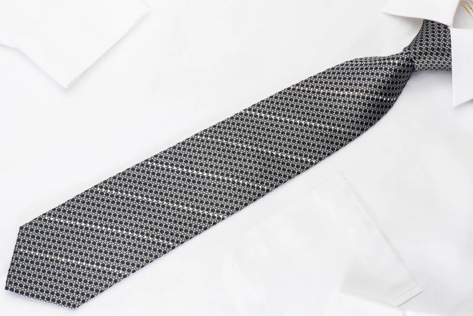 Vigevano Silk Necktie Silver Trellis & Striped Rhinestones On Black