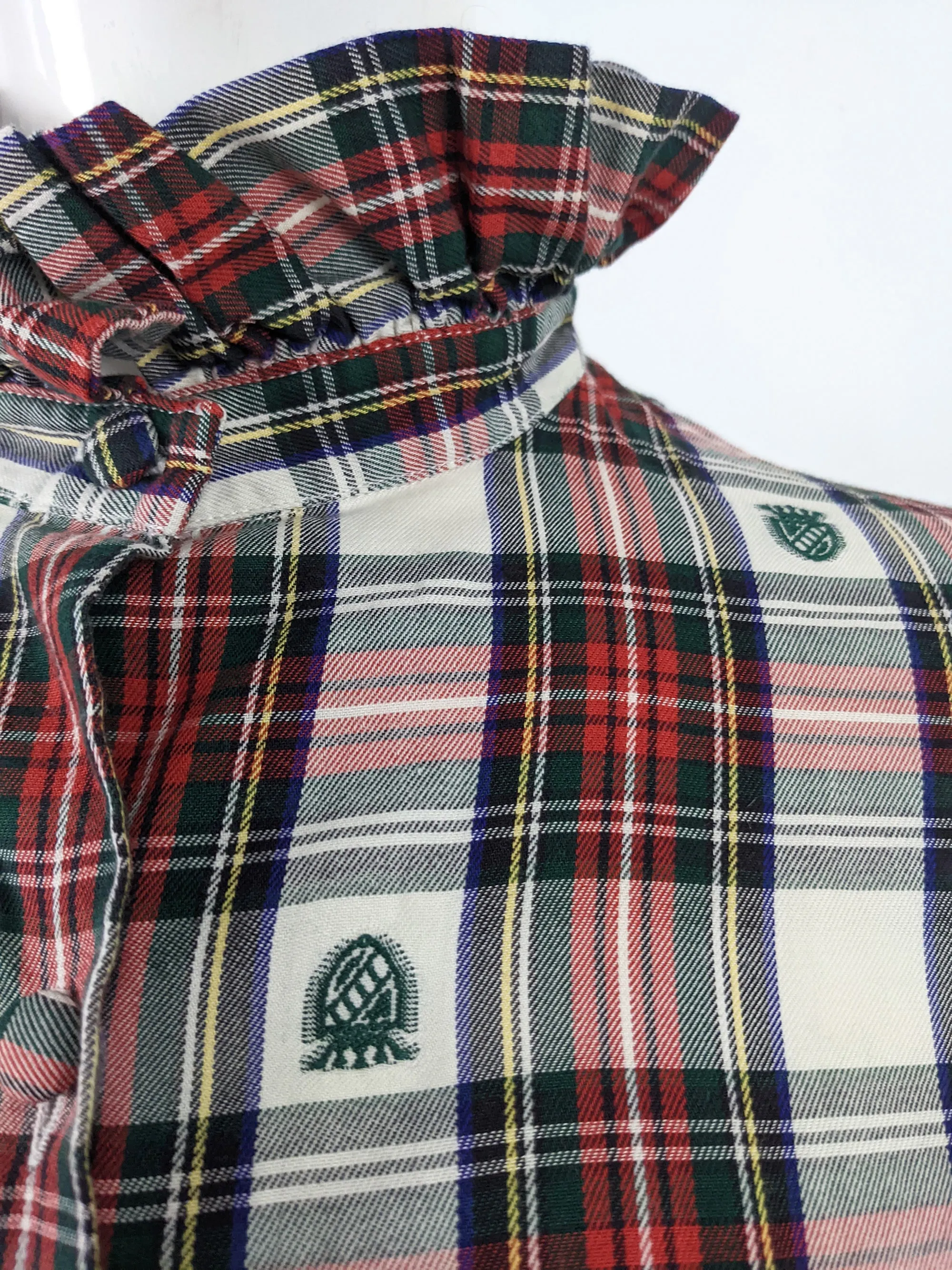 Vintage 1980s Red, White & Green Tartan Check Ruffle Shirt