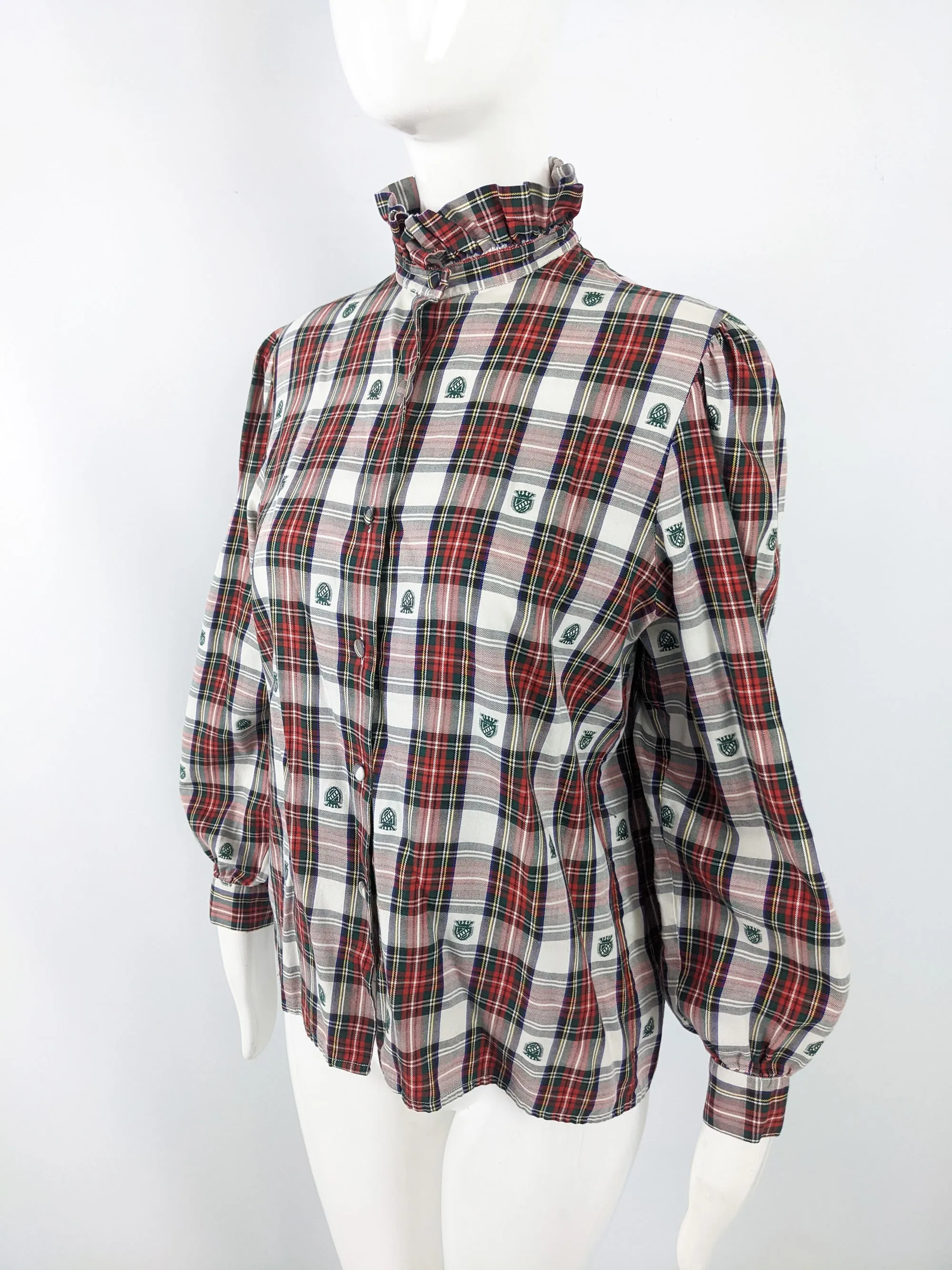 Vintage 1980s Red, White & Green Tartan Check Ruffle Shirt