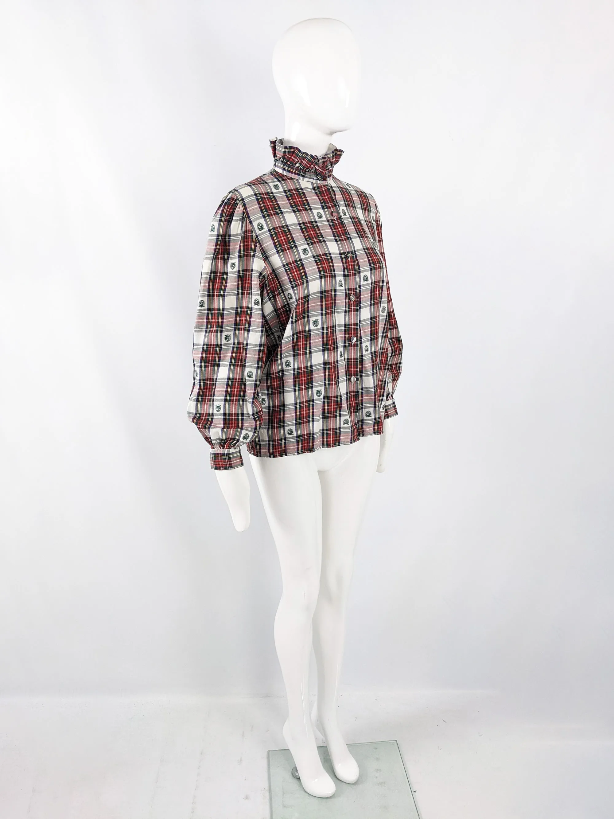 Vintage 1980s Red, White & Green Tartan Check Ruffle Shirt