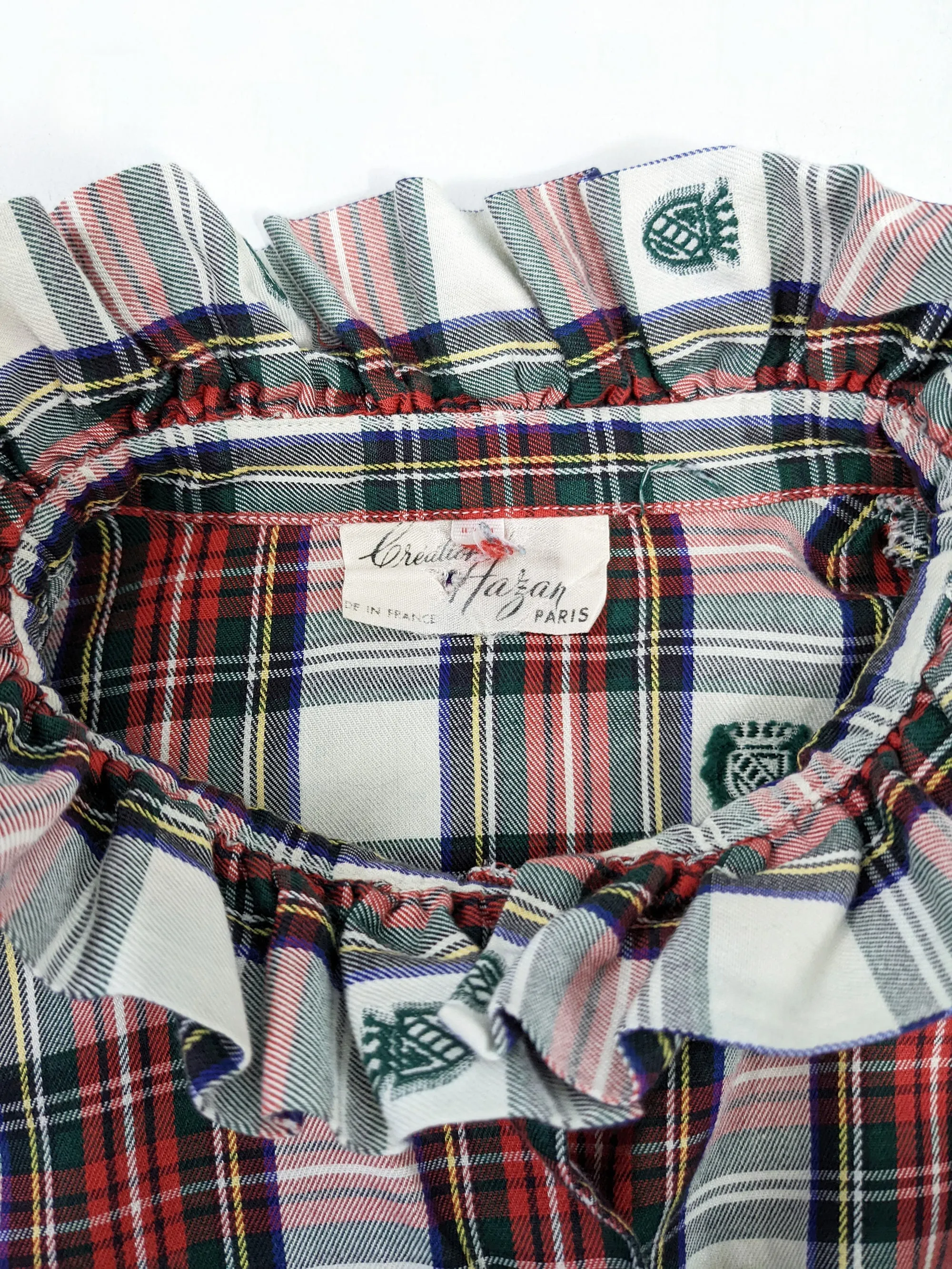 Vintage 1980s Red, White & Green Tartan Check Ruffle Shirt