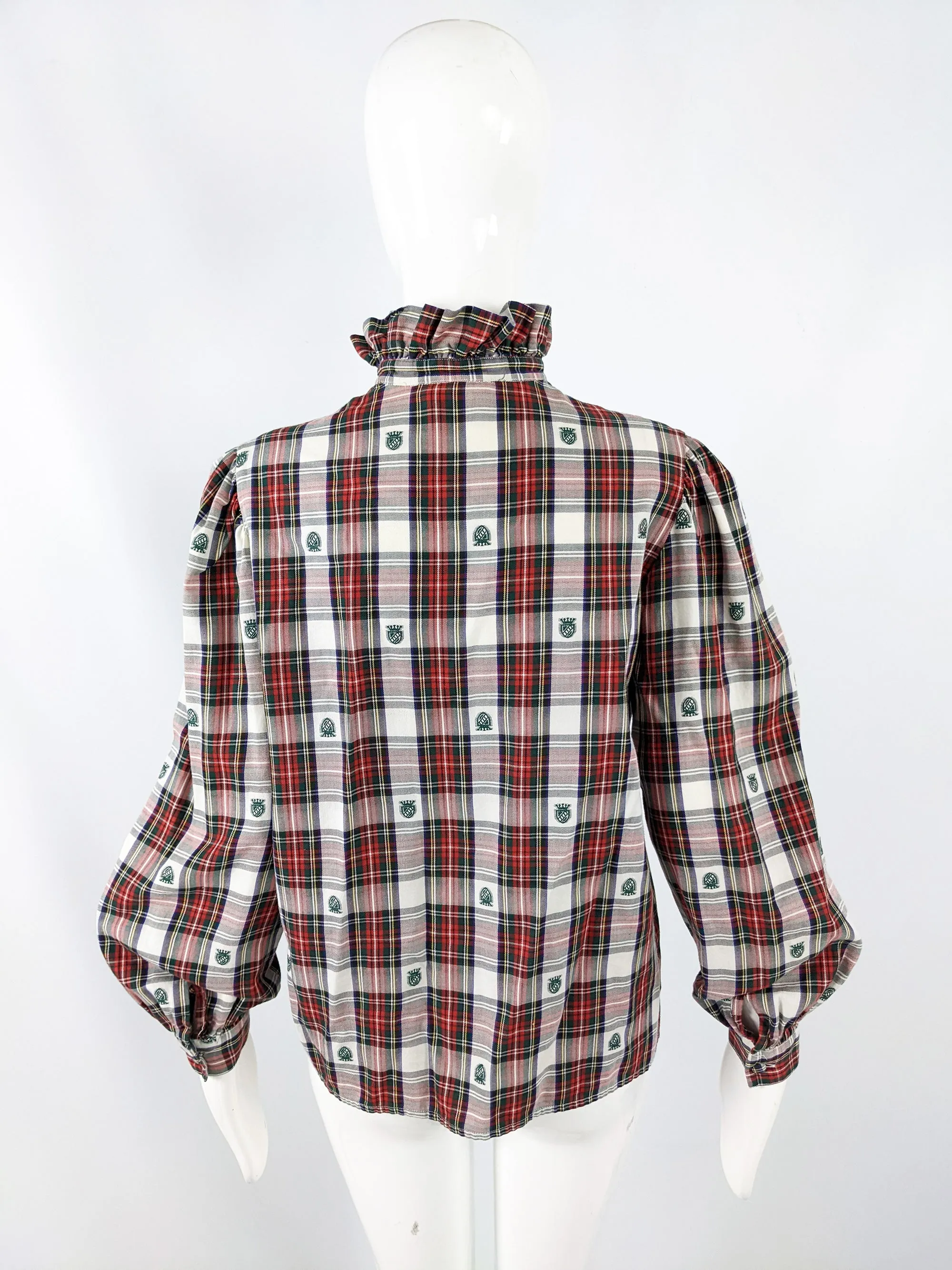 Vintage 1980s Red, White & Green Tartan Check Ruffle Shirt