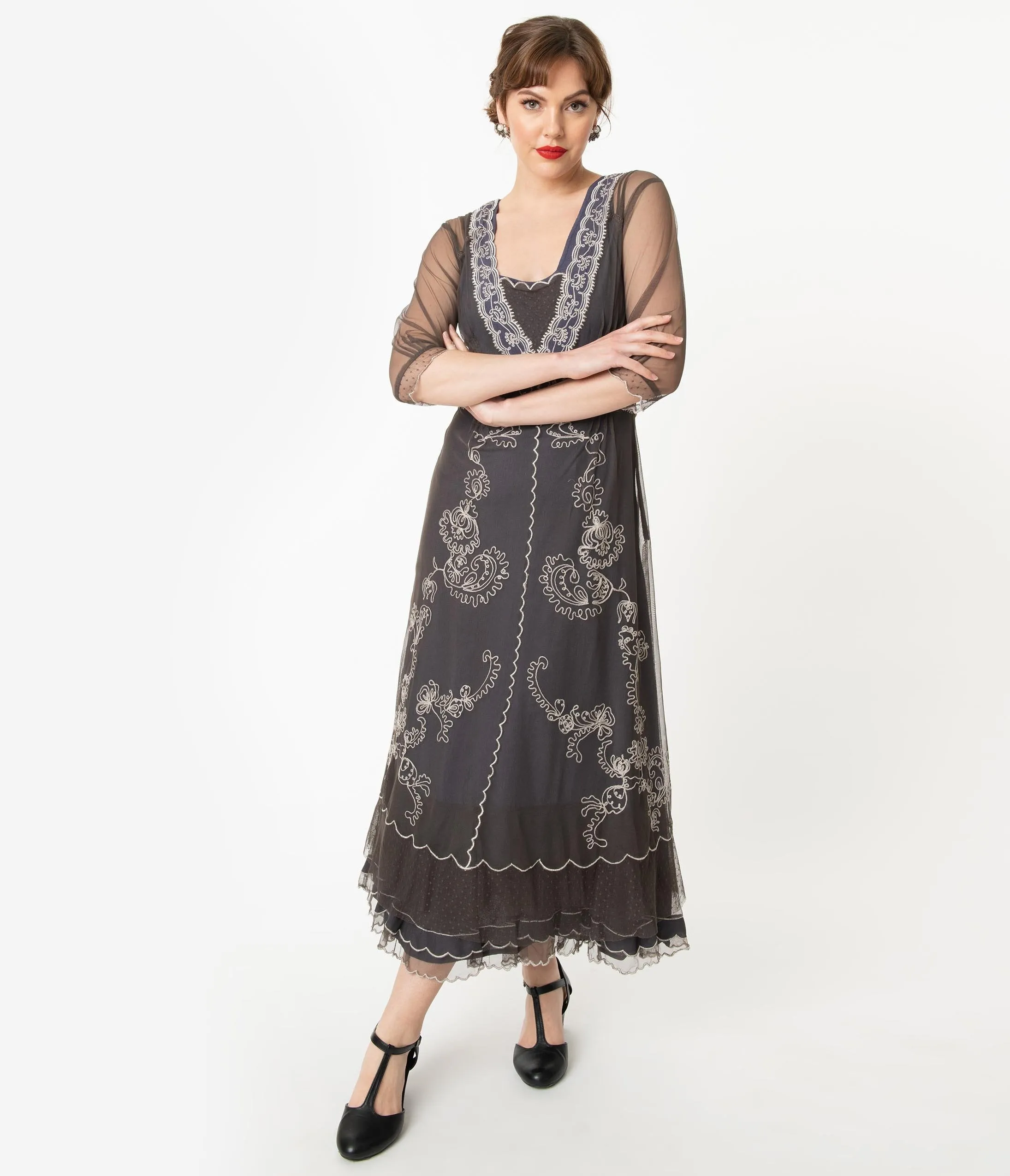 Vintage Style Grey Mesh Embroidered Edwardian Dress