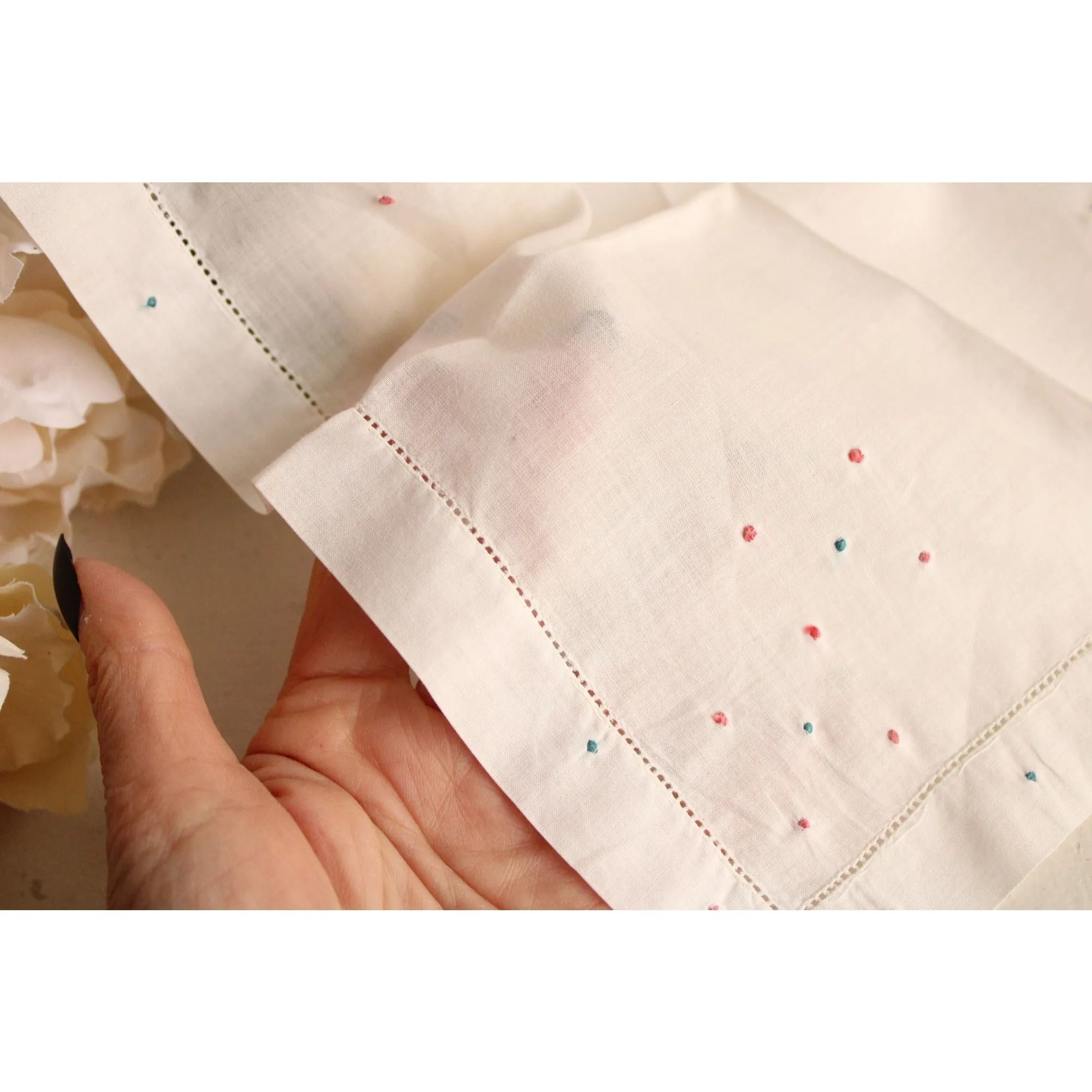 Vintage White Linen with Pink and Blue Swiss Dots Embroidered Hankie