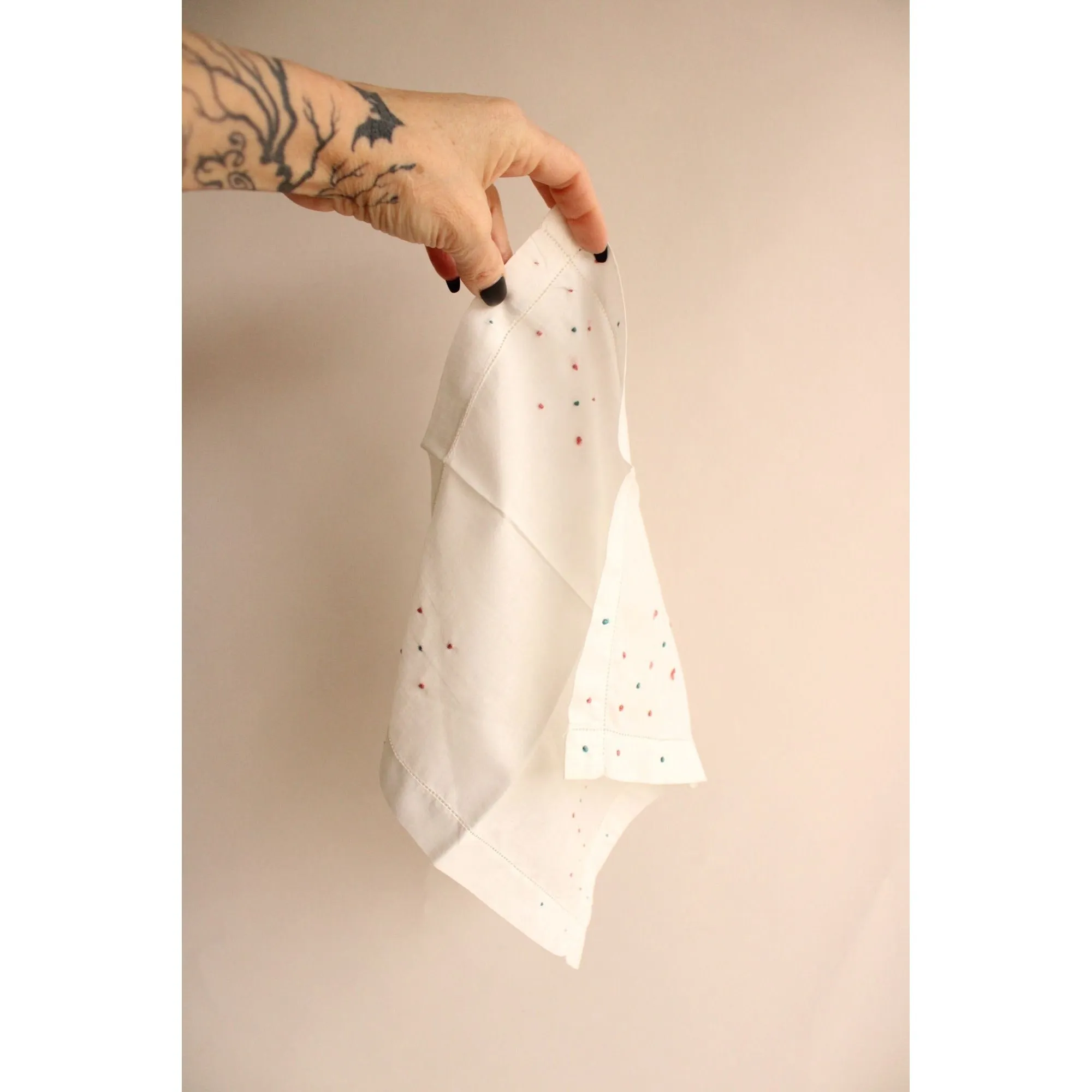 Vintage White Linen with Pink and Blue Swiss Dots Embroidered Hankie