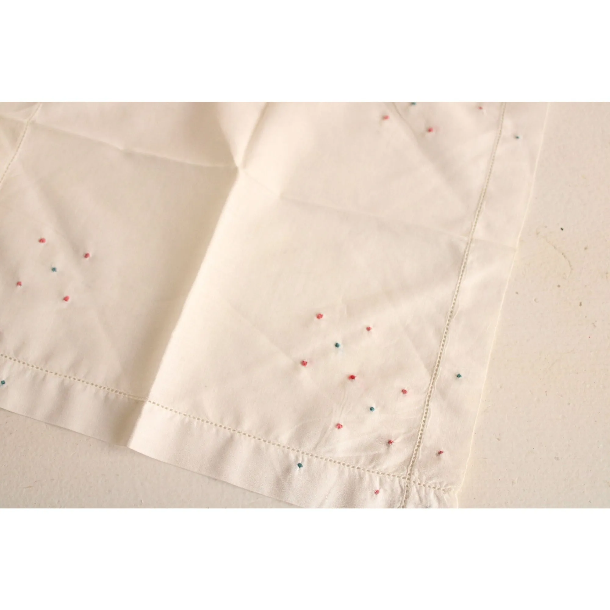 Vintage White Linen with Pink and Blue Swiss Dots Embroidered Hankie