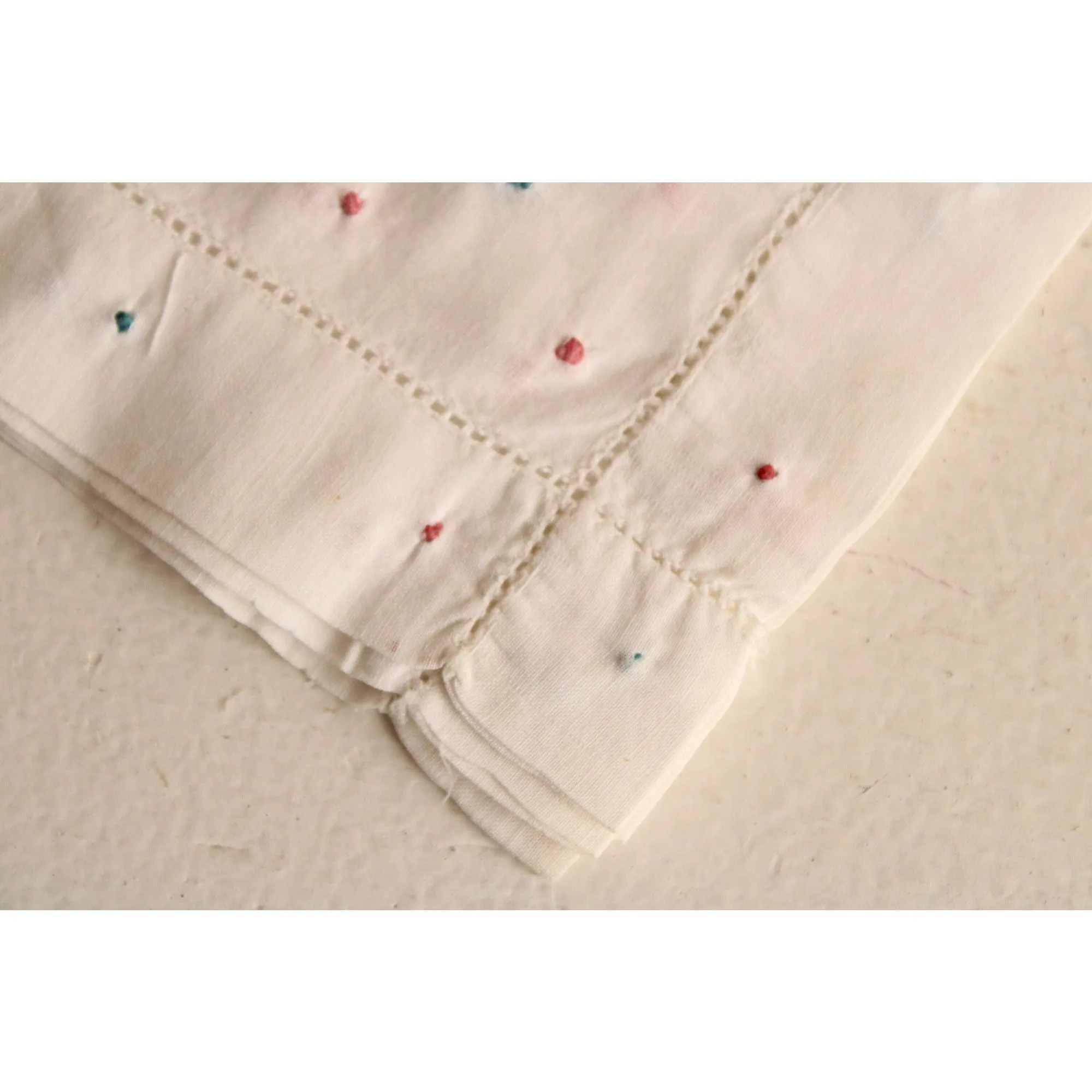 Vintage White Linen with Pink and Blue Swiss Dots Embroidered Hankie