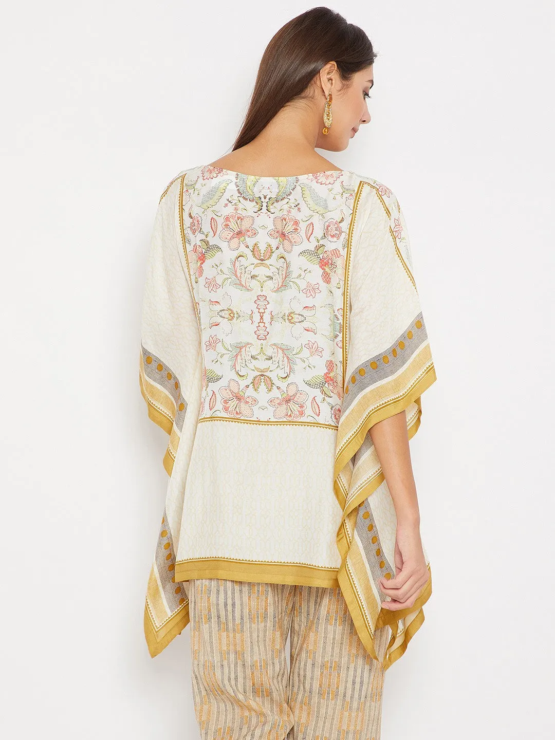 White And Mustard Yellow Effortless Floral  Kaftan Top