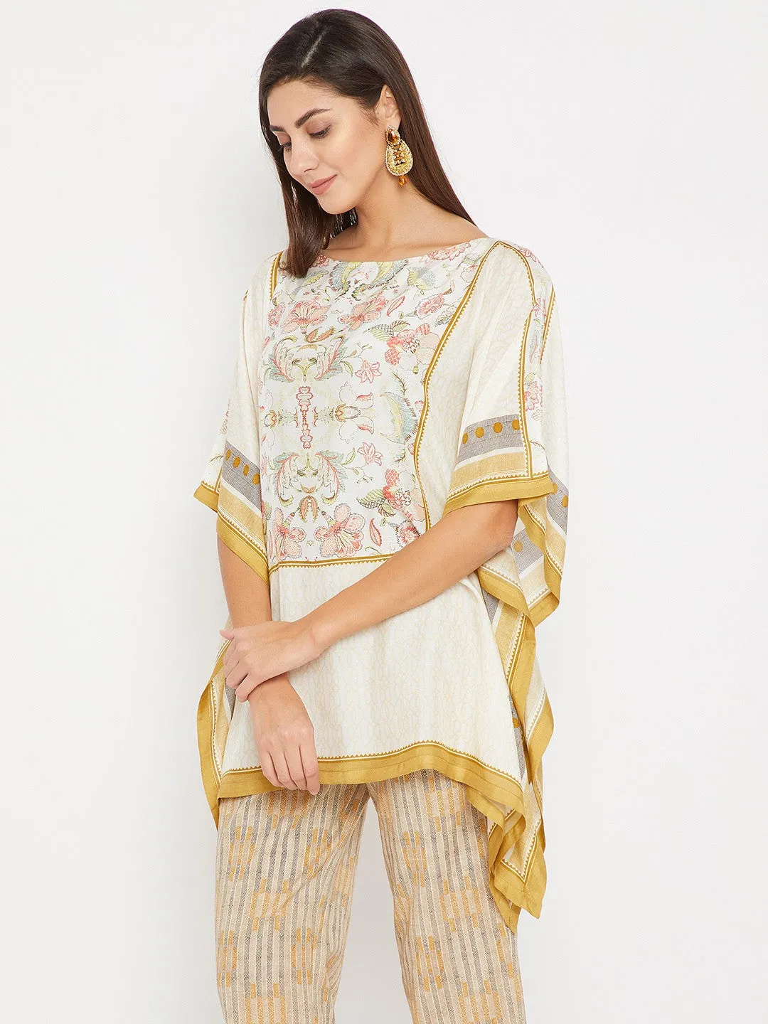 White And Mustard Yellow Effortless Floral  Kaftan Top