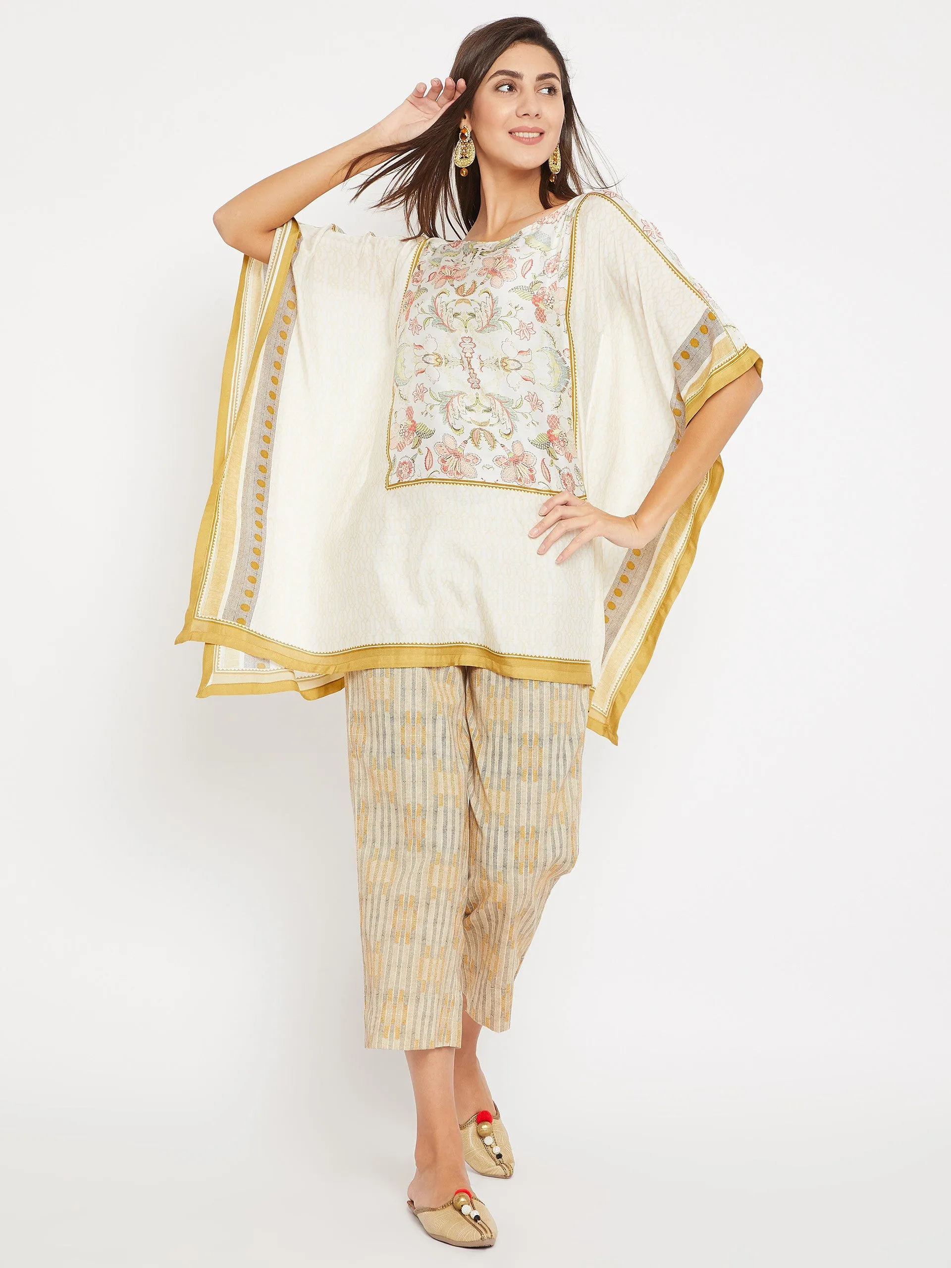 White And Mustard Yellow Effortless Floral  Kaftan Top