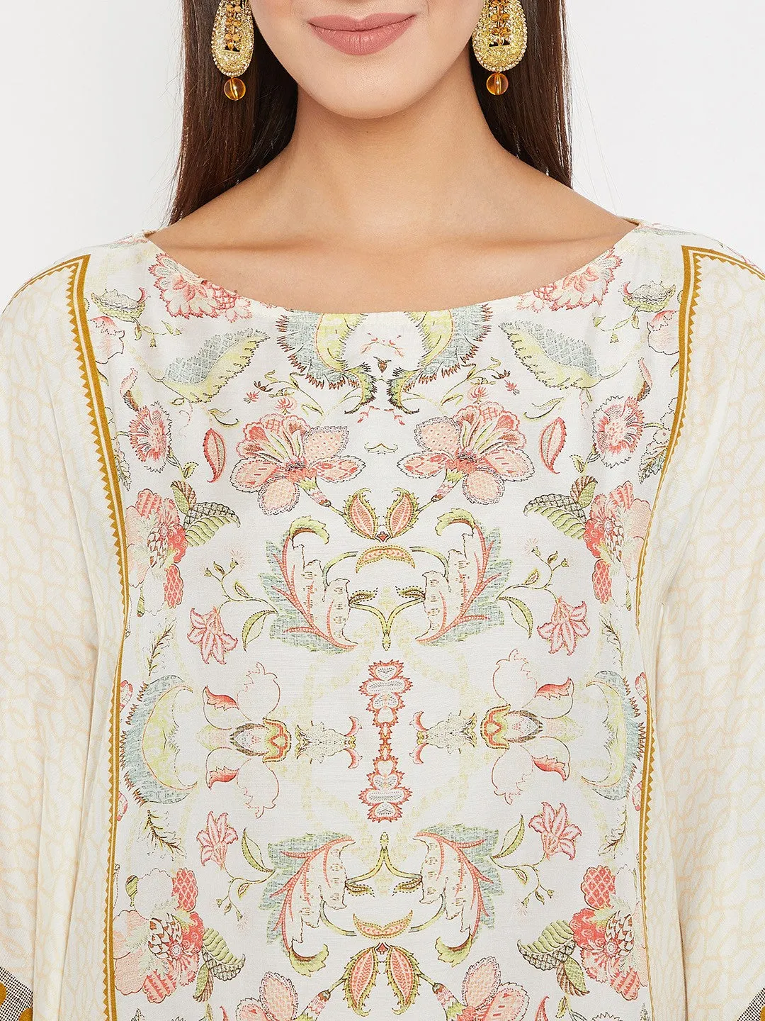 White And Mustard Yellow Effortless Floral  Kaftan Top