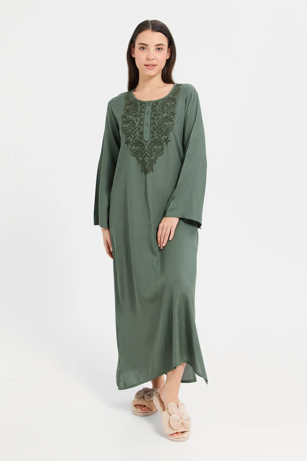 Women Green Solid Embroidery Nightgown