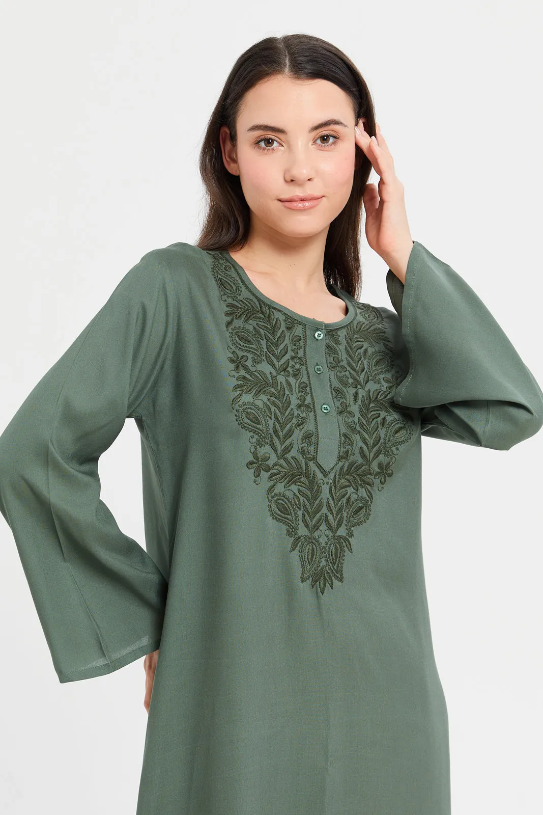 Women Green Solid Embroidery Nightgown