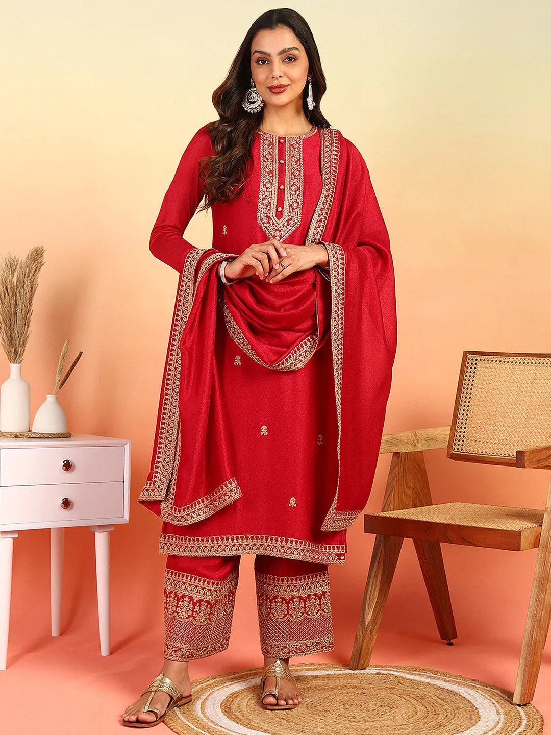 Women Red Silk Blend Solid Embroidered Straight Kurta Palazzo With Dupatta