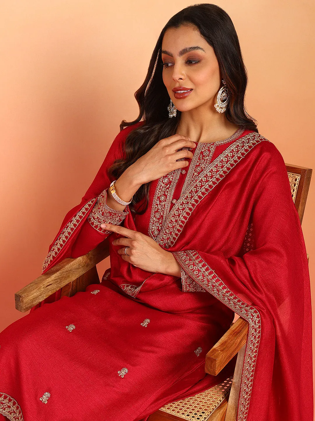 Women Red Silk Blend Solid Embroidered Straight Kurta Palazzo With Dupatta