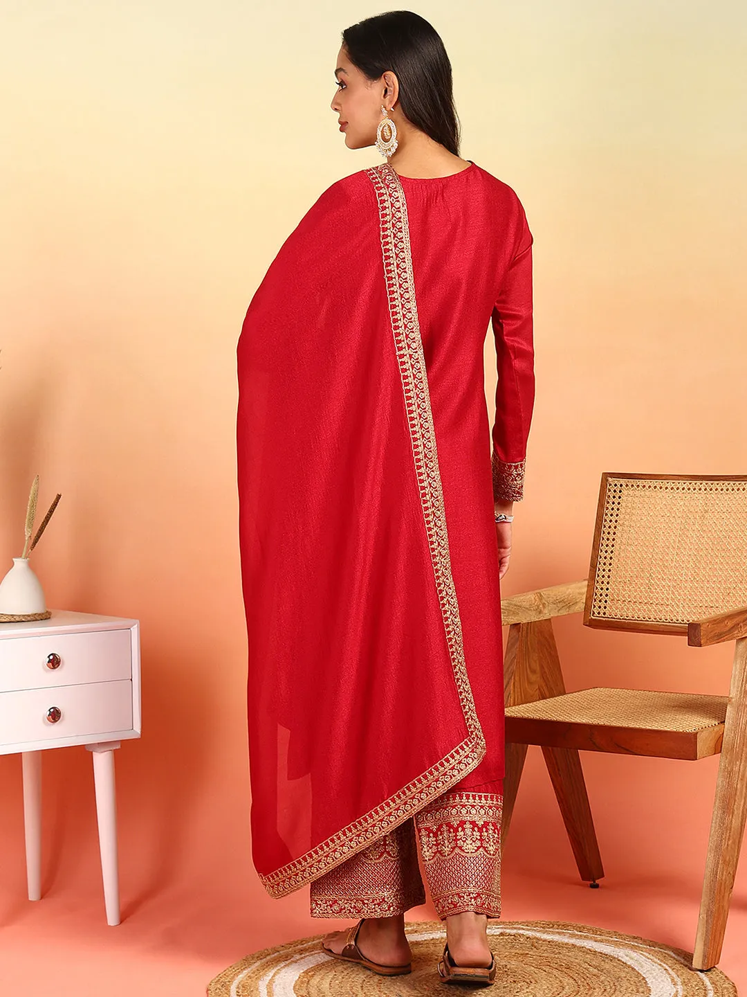 Women Red Silk Blend Solid Embroidered Straight Kurta Palazzo With Dupatta