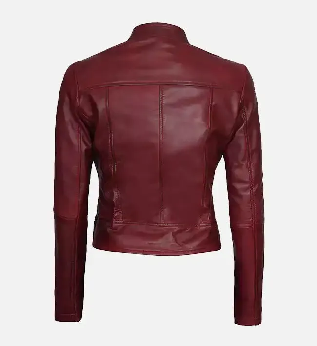 Women's Slim Fit Leather Maroon Biker Jacket