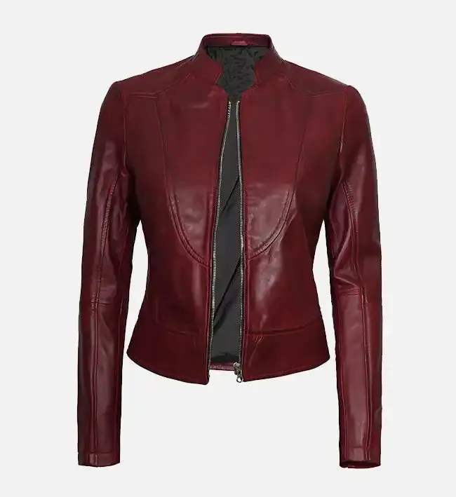 Women's Slim Fit Leather Maroon Biker Jacket