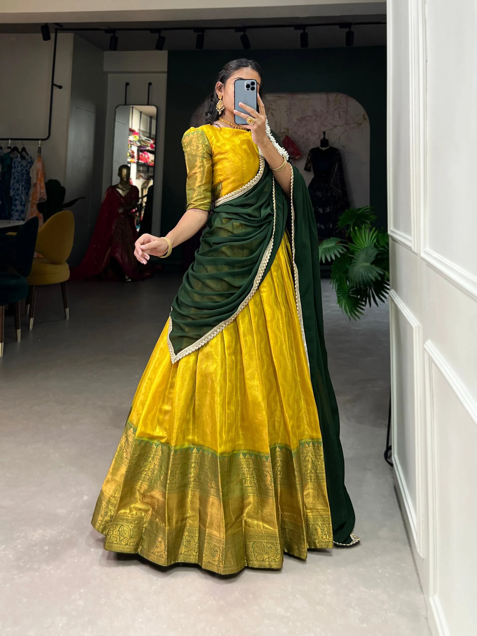 Yellow Kanjivaram Lehenga Choli with Graceful Georgette Dupatta