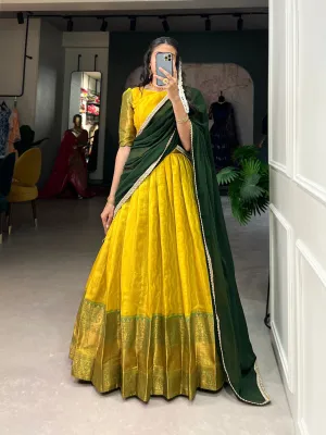 Yellow Kanjivaram Lehenga Choli with Graceful Georgette Dupatta