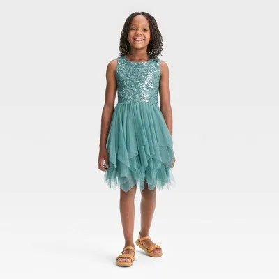 ZENZI Girls' Sleeveless Sequin Dress Mesh Tiered Skirt Fairy Hem